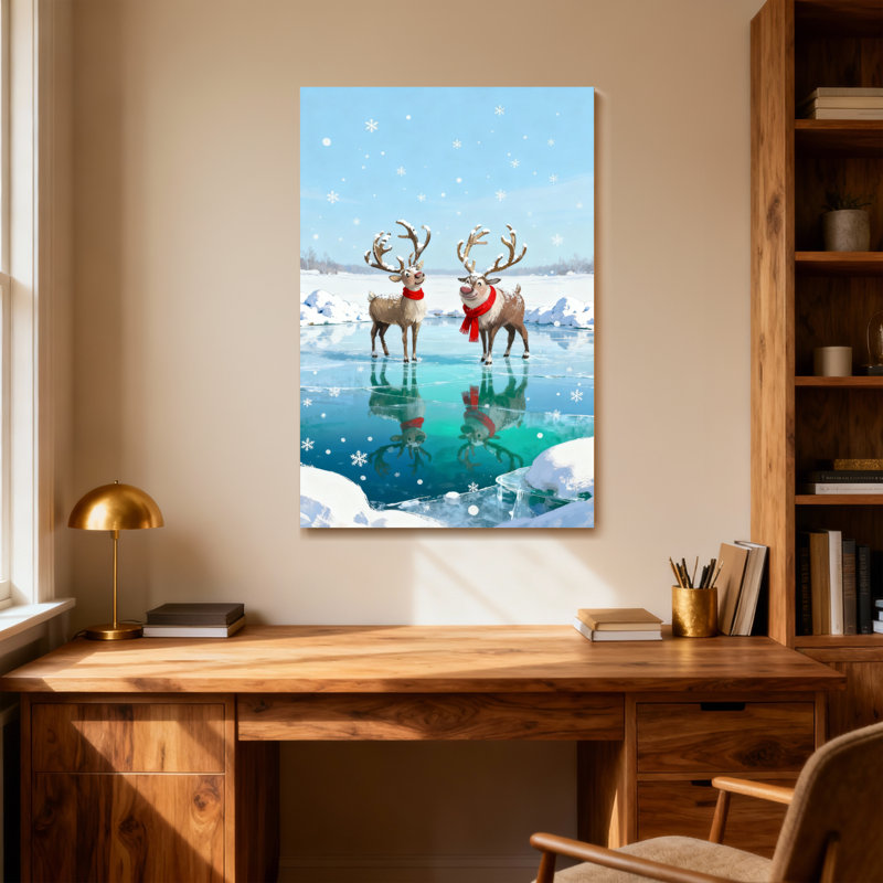 Renne de Noël debout sur la glace avec des flocons de neige, H 24 po x l 16 po
