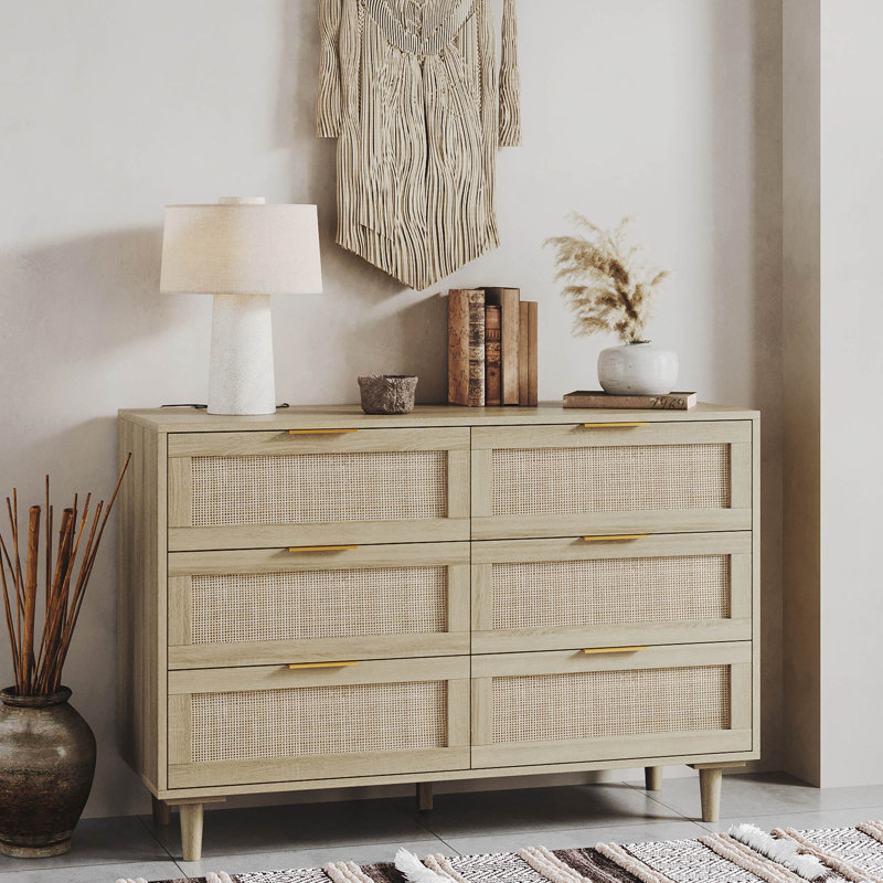 Aimara Rattan 6 Drawer Dresser for Bedroom, Wood Dresser & Chest of Drawers with Metal Handles, Natural
