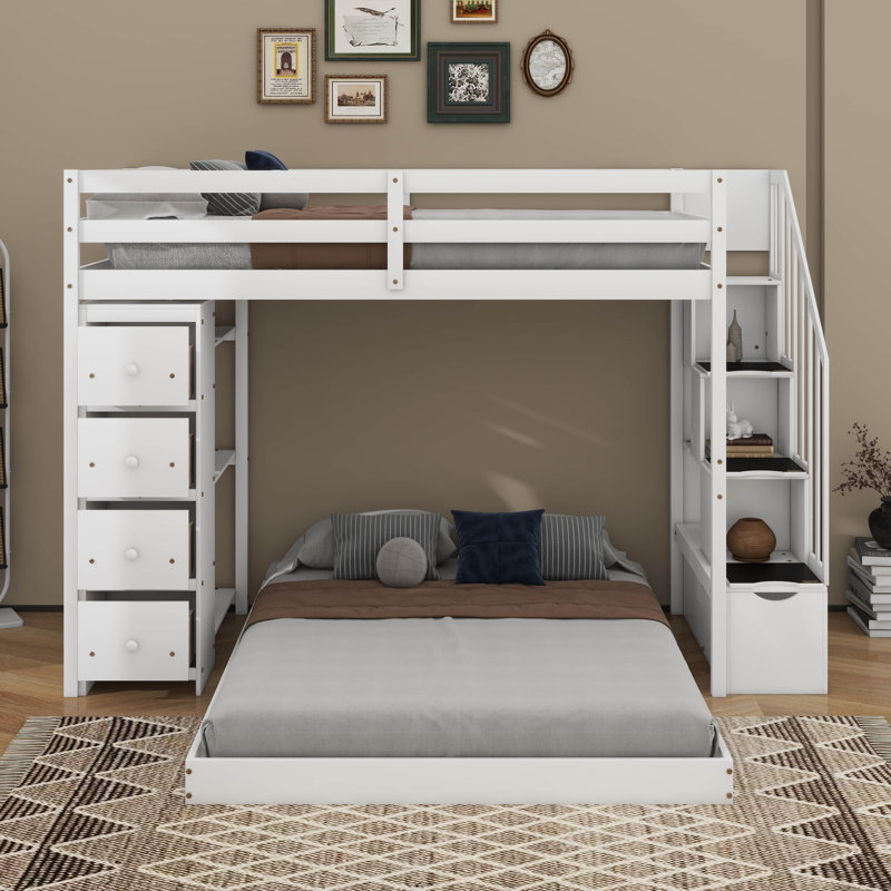 Lit simple superposé au dessus d'un lit double avec tablettes, tiroirs et escalier de rangement, Blanc