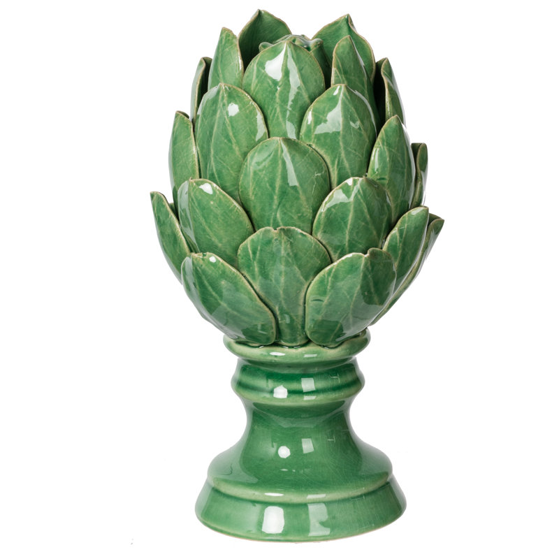 7.5” Green Ceramic Artichoke Sculpture, Decorative Pedestal Statue for Mantel, Tabletop, Sideboard, or Centerpiece