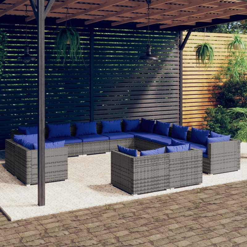 Rosalind Wheeler 13 Piece Garden Lounge Set With Cushions Poly Rattan, Grey, Dark Blue
