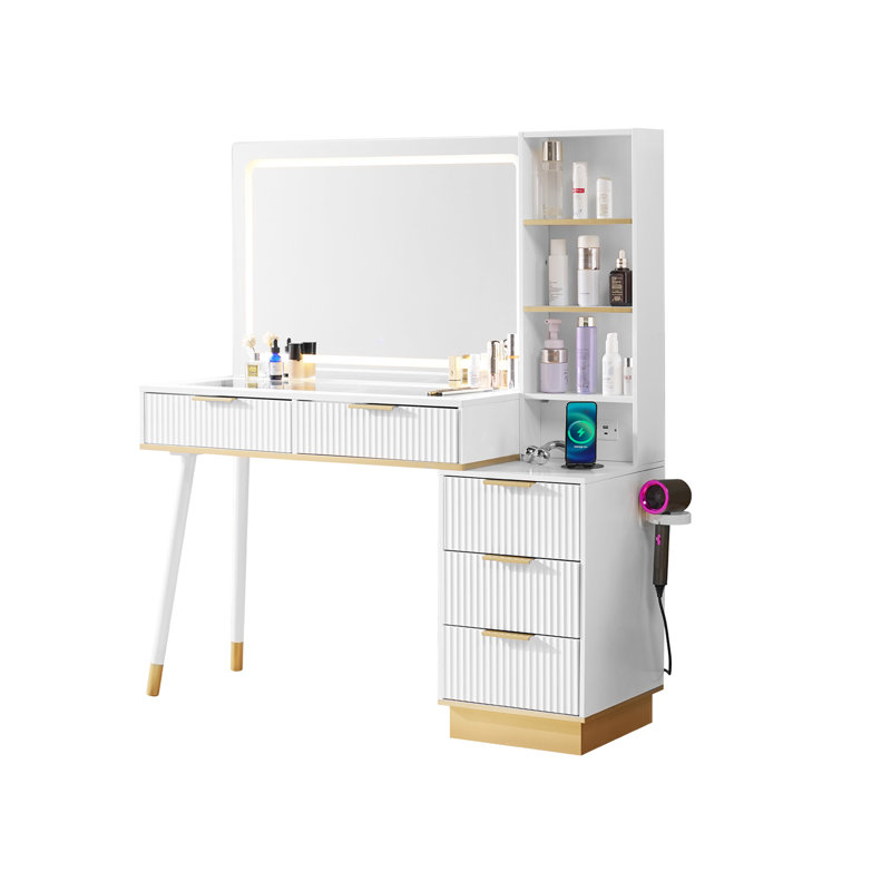Mercer41 48" Vanity Desk with 35" Large Lighted Mirror, 5 Drawers & Shelves & Charging Station