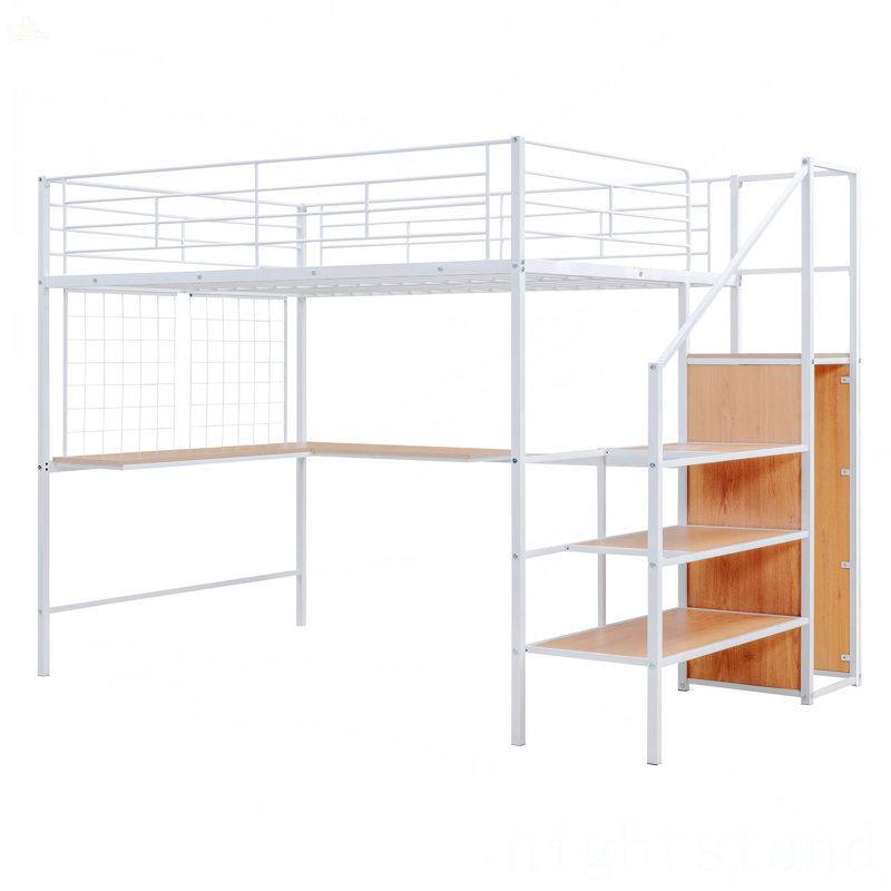 Lit mezzanine double en métal avec bureau et grille en métal, Blanc