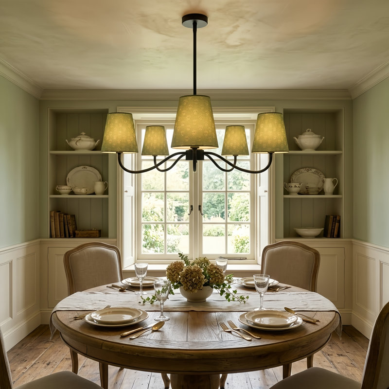 Wrought Iron 5-Light Chandelier, Imprimé, vert, Noir mat