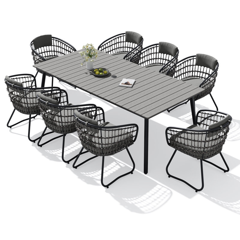 8 - Person Metal Patio Dining Set With Removable Cushions And Umbrella Hole, Gray Cushion/Dark Gray Table Top