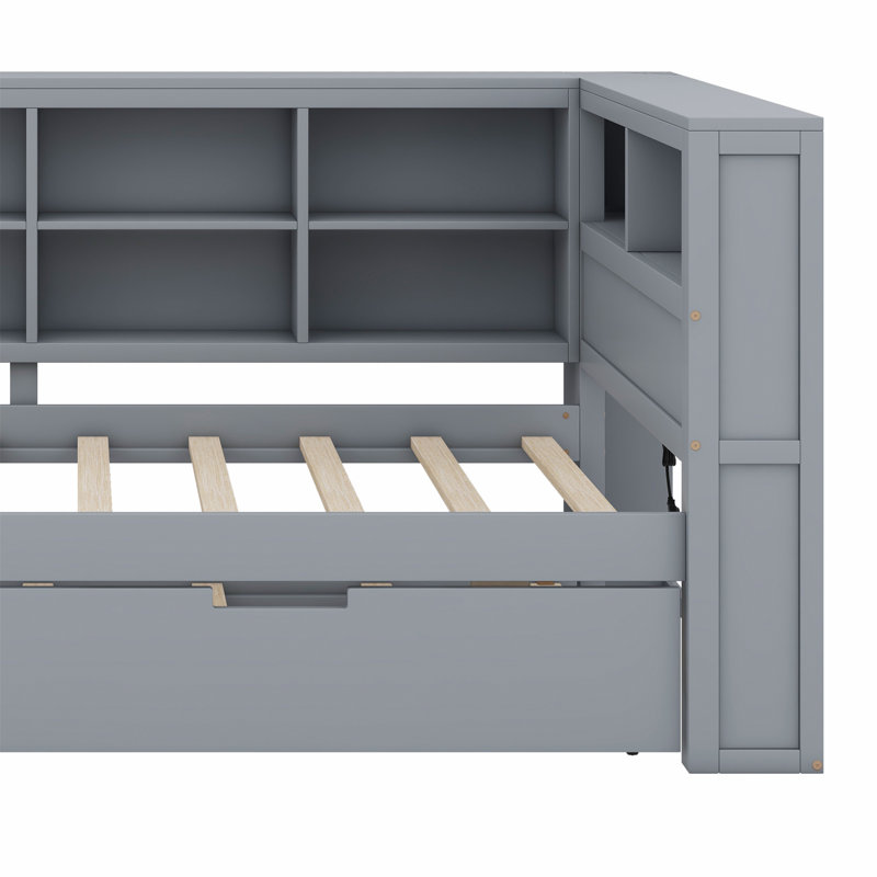 Wooden Daybed With Trundle, Daybed With Storage Shelf And USB Charging Ports, Gray