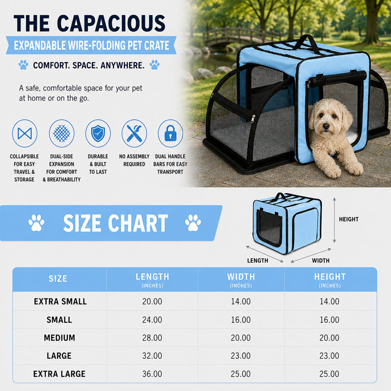 Cage de transport extensible et pliable pour chien, grande taille, bleue., Grand, Bleu