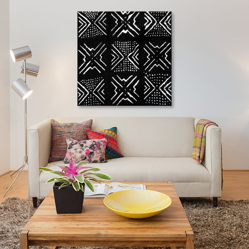 «Mudcloth Black Geometric Design V», impression sur toile, H 12 po x l 12 po x P 0,75 po, Toile tendue, Pas de tapis