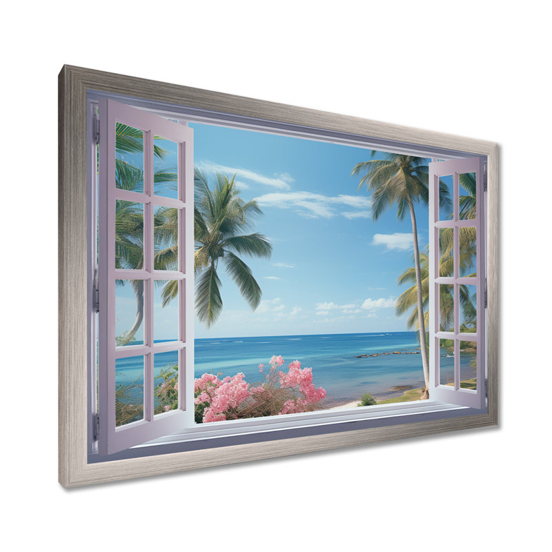Vue sur l'océan tropical à travers une fenêtre blanche ouverte - art mural sur toile côtière, H 34 po x l 44 po x P 1,5 po