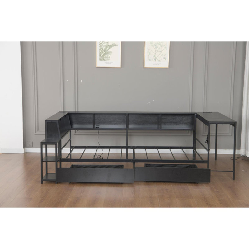 Corner Bed Frame Full Size with Bookcase and 2 Underbed Storage Drawers, Modern Bed with LED Light and Charging Station, Left and right interchangeable