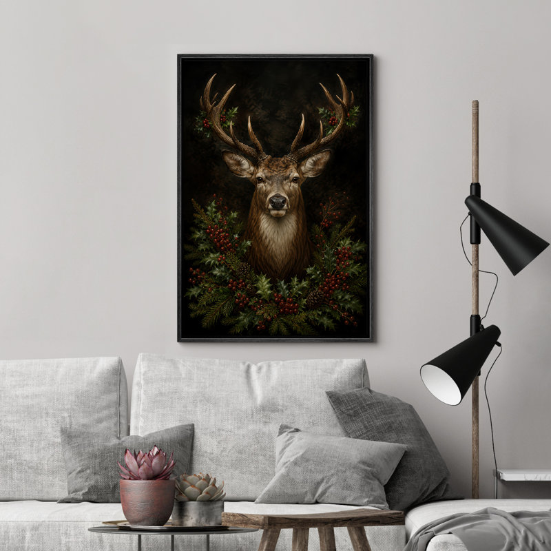 Cerf de Noël avec baies de houx sur fond noir, reproduction d'art sur toile encadrée, 36" H x 24" W x 1.5" D, Black