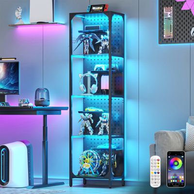 LED RGB 4-Tier Glass Display Shelf With App Control & Pegboard Back – Floor Lamp With Shelves For Collectibles, Figures, Gaming Room, Living Room