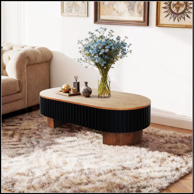 Table basse ovale de 111 cm avec rangement dissimulé, design moderne et minimaliste cannelé pour le salon, pièce maîtresse élégante