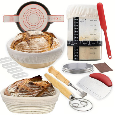 Complete Sourdough Bread Starter Kit, 10" oval & 9" round Banneton Bread Proofing Baskets, Bread Baking Supplies with 32oz Sourdough Jar, Dough Whisk, Scraper, Bread Lame, Spatula, Silicone Mat