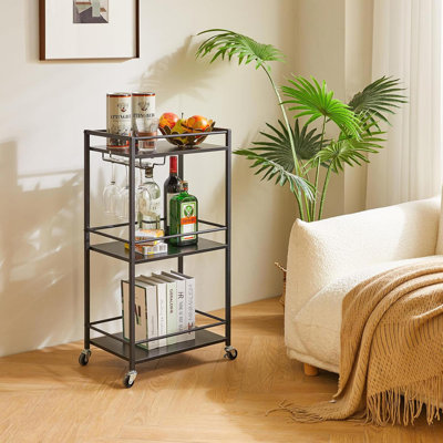 Black 3-Tier Small Bar Cart For Home, Mobile Drink Shelf With Wine & Glass Holders, Mini Bar For Outdoor Small Space Kitchen by George Oliver