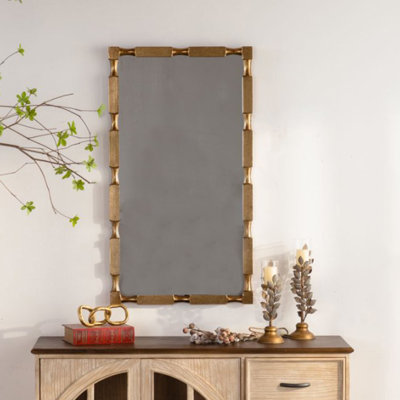Miroir mural rectangulaire avec cadre texturé de style bambou doré, miroir décoratif décoratif pour le salon, la chambre à coucher ou l'entrée