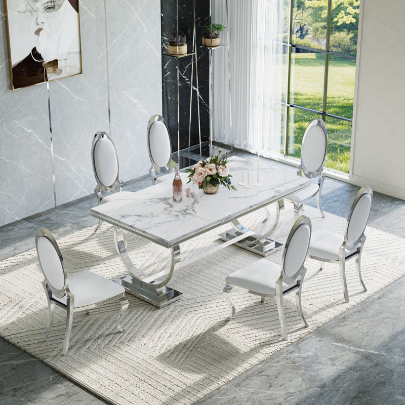7-Piece Dining Set with Faux Marble Tabletop and Stainless Steel Chairs – Modern Dining Table Set for 6, White/Silver/White