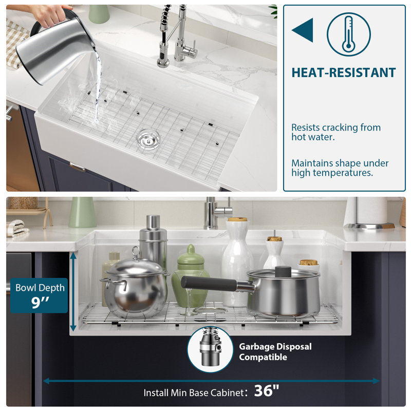 33" L White Workstation Farmhouse Sink Rectanglur Single Bowl Ceramic Kitchen Sink with Accessories