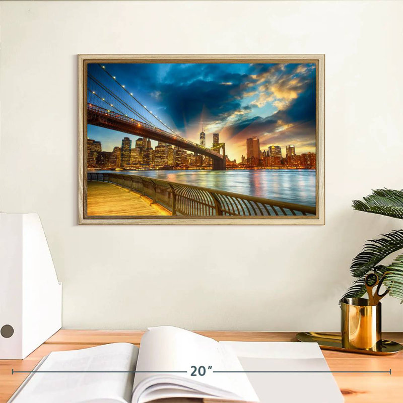 Spectaculaire coucher de soleil à Manhattan, Cadre flottant en bois naturel, 13 po x 9 po