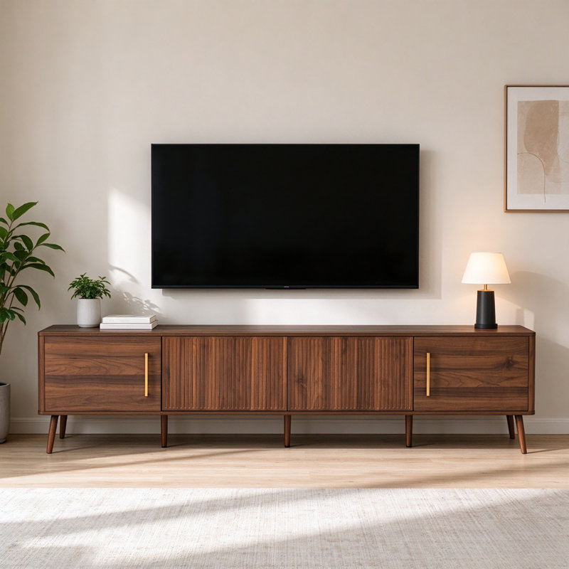 Meuble télé 78 po en noyer cannelé pour téléviseur de 85 po avec passe-câbles