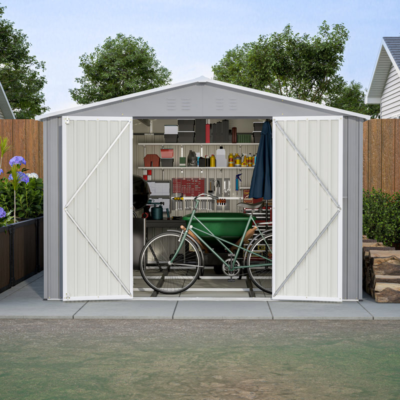 Remise de rangement pour l'extérieur 10 pi x 12 pi avec ensemble de cadre de plancher, remise en acier galvanisé, remise en métal, remise à outils de jardin avec portes verrouillables doubles pour la cour arrière, gris