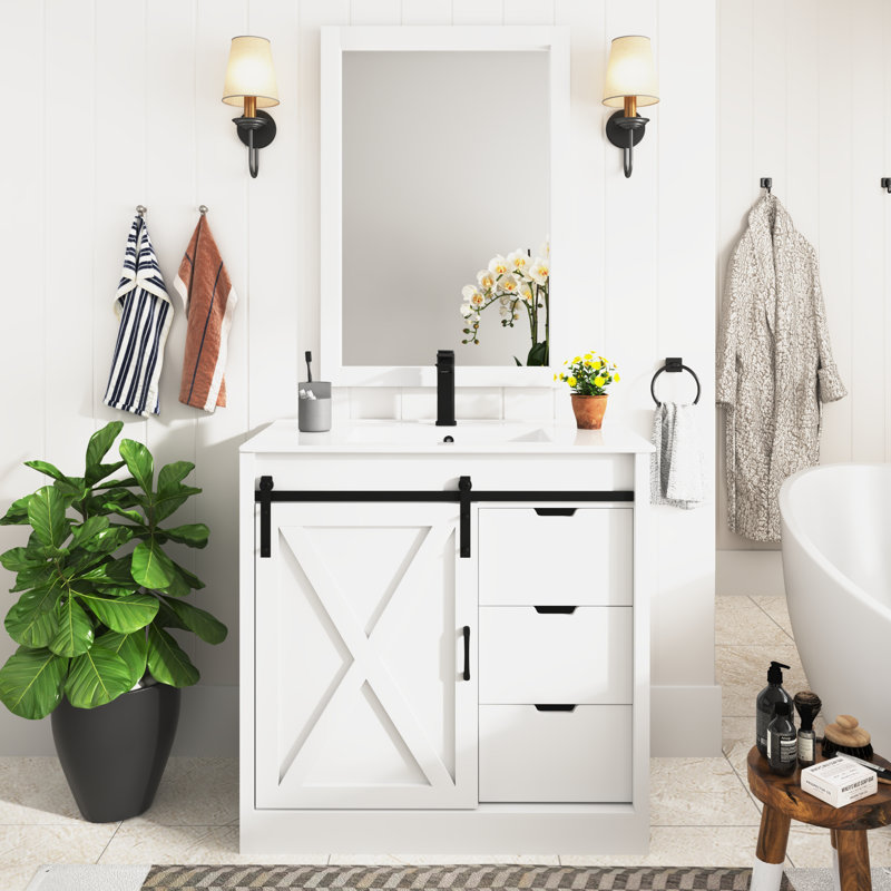 Bathroom Vanity With Sink, Faucet, Mirror, Sliding Barn Door, And Drawers, 36", White
