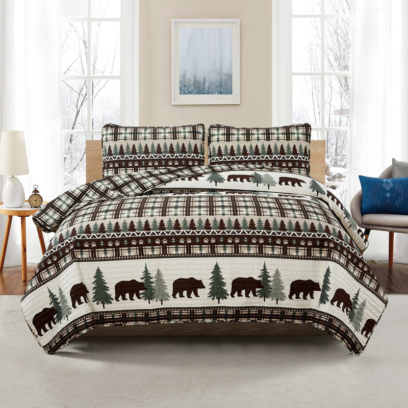 Twin Chocolate and Green Reversible Lodge Plaid Quilt Set
