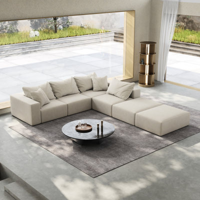 Modular Sectional , 162" L Shaped. Beige Chenille Upholstery, Foam Filled. Combination. No Assembly For Living Room Shape , Modern Upholstered. Chenille, Bedroom,