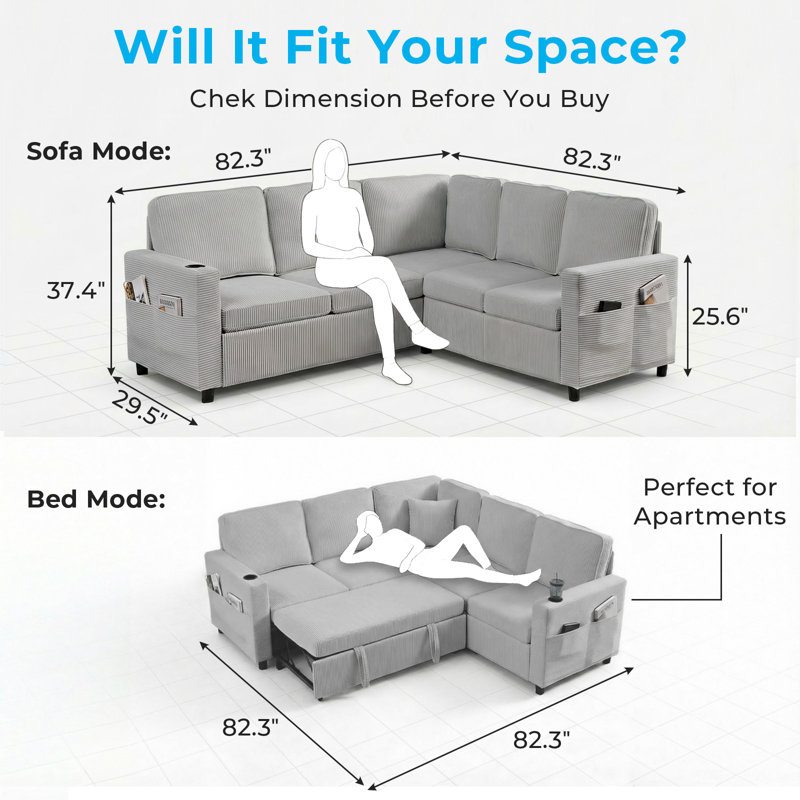 Modular Corduroy L-Shaped 3-in-1 Sleeper Sofa Bed with Storage, Light Grey, Light Gray Corduroy
