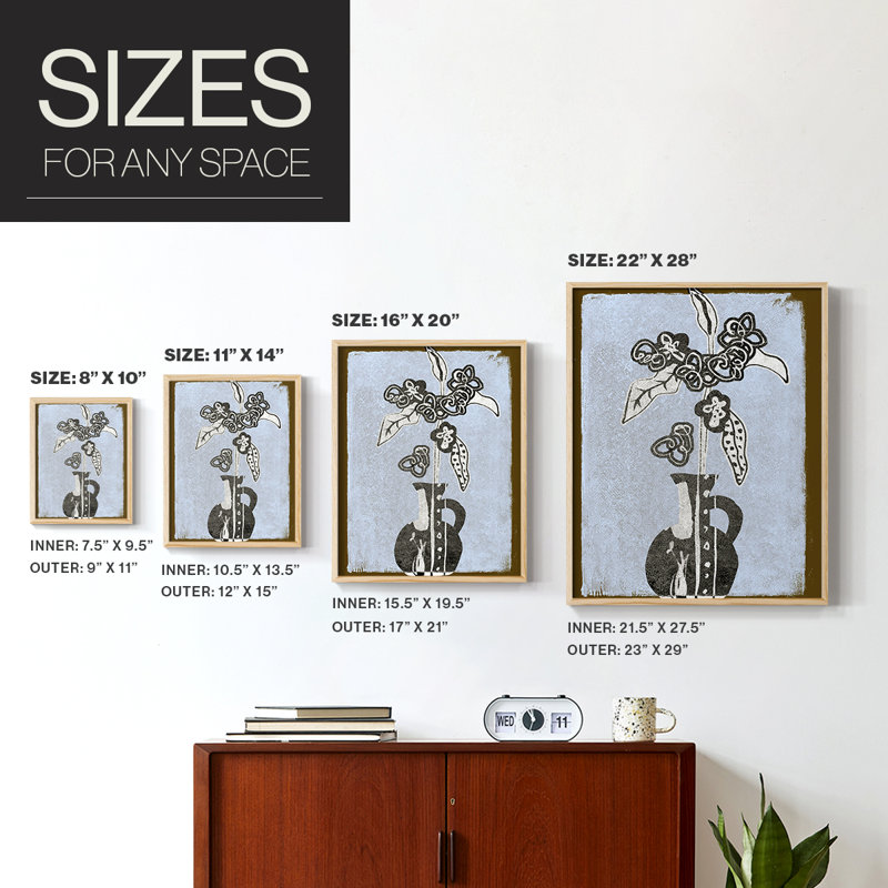 Fleurs graphiques dans un vase I, reproduction encadrée - bois massif
