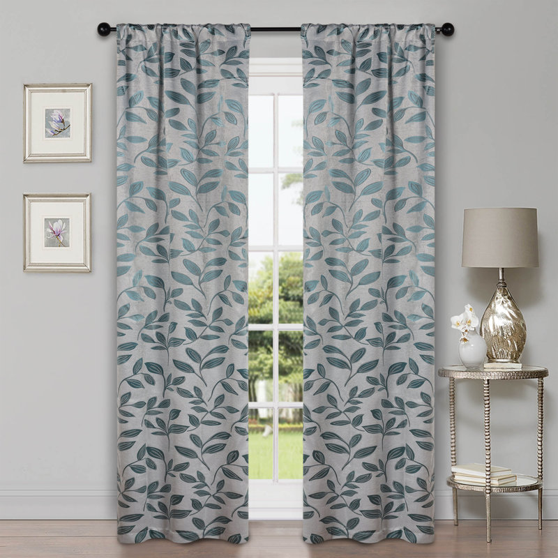  Modern Bohemian Leaves Pattern 100% Polyester Machine Washable Room Darkening Blackout Curtains, Teal, 36" W x 72" L
