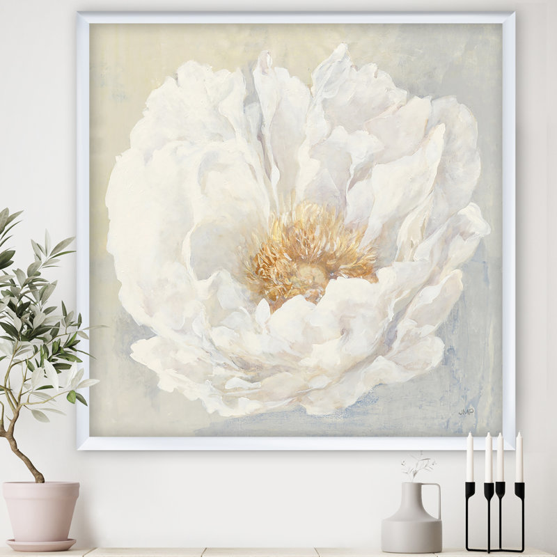Pivoine blanche sereine - reproduction sur toile, Cadre blanc, H 30 po x l 30 po x P 1 po