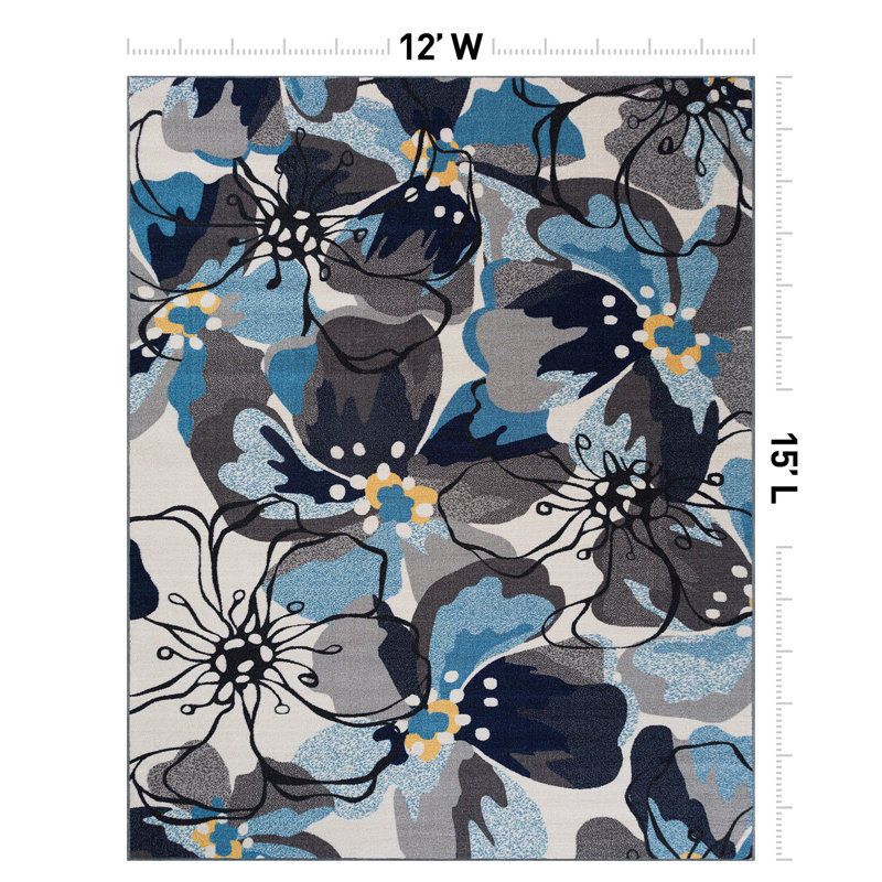 Tapis gris / argenté à poil long à motif floral Florentia, Rectangle 12 pi x 15 pi