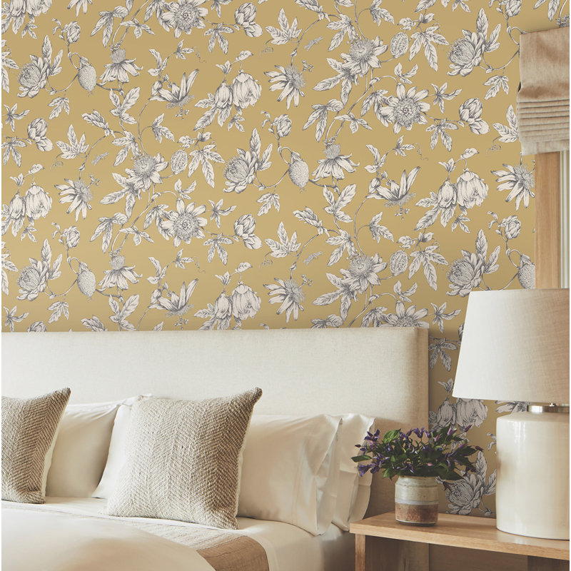 Passion Flower Toile Floral Wallpaper Roll, Harvest