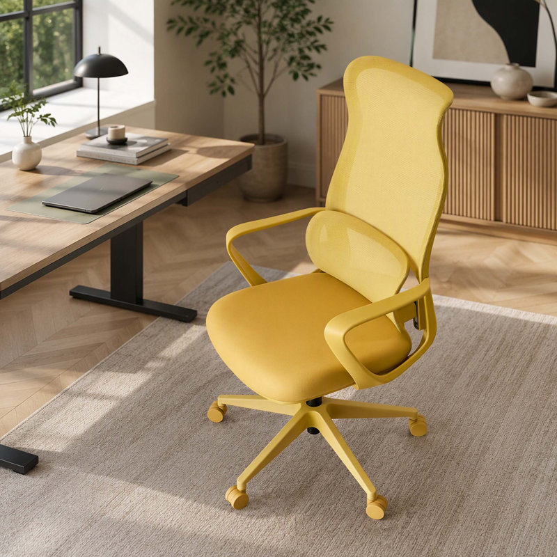 Ergonomic Colourful Office Chair 350LBS Home Office Mesh Breathable High Back, With Adjustable Lumbar Support Computer Chair, Integrated Moulded Foam Seat Cushion, Fireproof (Yellow)