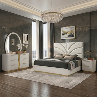Ensemble de chambre à coucher Edward 4 pièces pour lit king, blanc et or