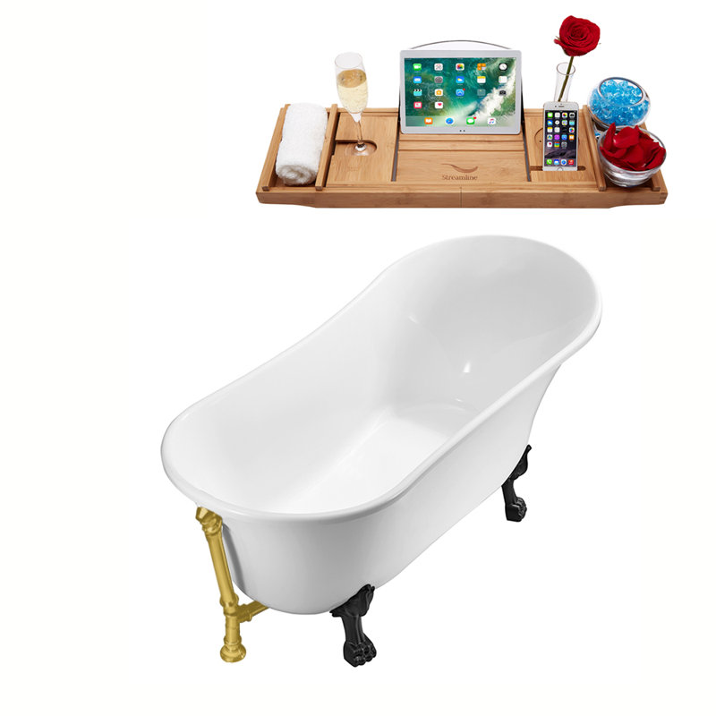 Baignoire de trempage sur pieds en acrylique 55 "avec bonde, pattes et plateau en bambou Streamline, Noir mat, Or brossé