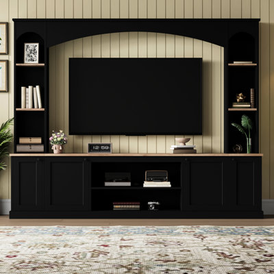 Meuble télé 91 pouces et bibliothèque arquée noire, centre de divertissement multifonctionnel pour téléviseurs de 70 po, console multimédia compatible avec la gestion des câbles, conception avec armoires de rangement à finition grain de bois