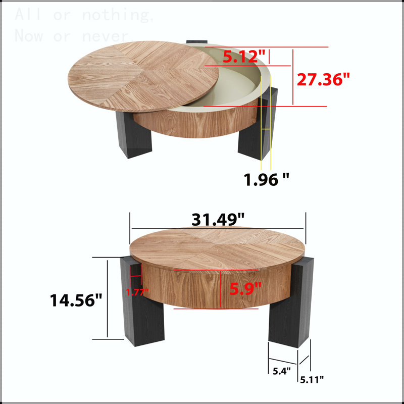 Table basse ronde avec rangement caché et placage de parquet, Bois naturel
