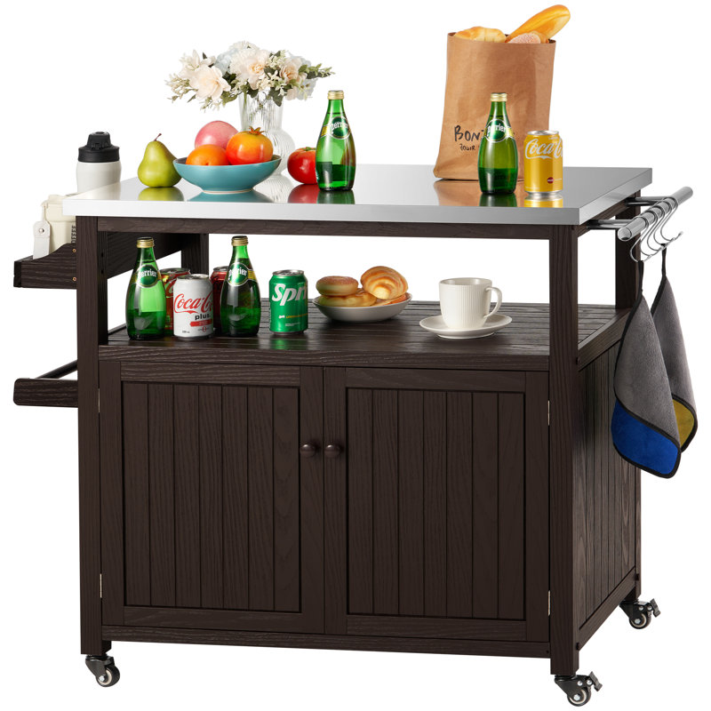 AHB Dark Brown Solid Wood Rolling Kitchen Island with Stainless Steel Top