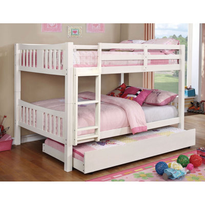 White Finish Full Over Full Bunk Bed Transitional Style Attached Ladder Upper Bed Rails Trundle-Not Included