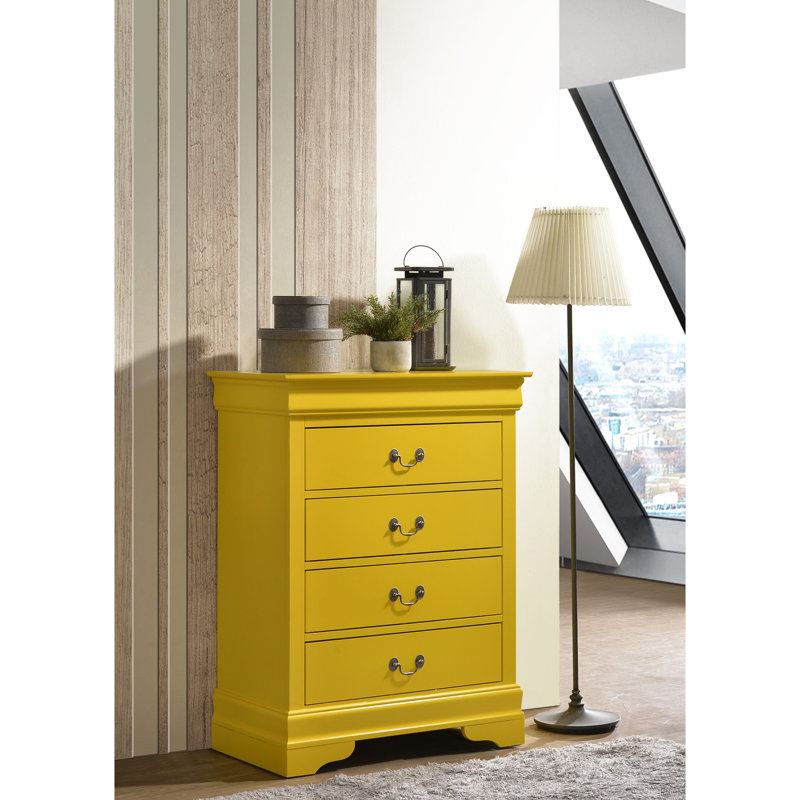 Commode de rangement jaune pour chambre à coucher - G3102 Tiroirs à queue d'aronde anglaise pour la stabilité 4 tiroirs décoratifs traditionnels avec éléments de base décoratifs Moulures courbées Combinaisons robustes