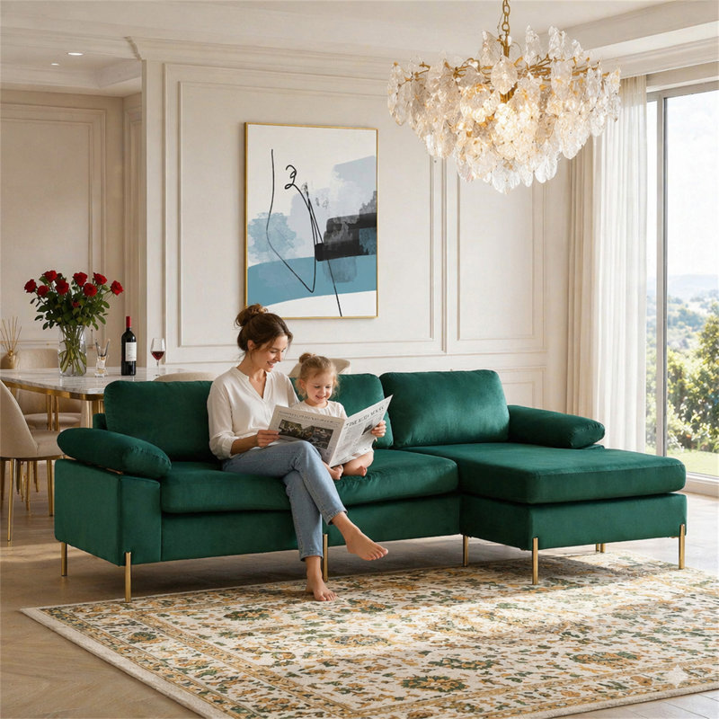Canapé modulaire en velours avec méridienne Shannon, Vert