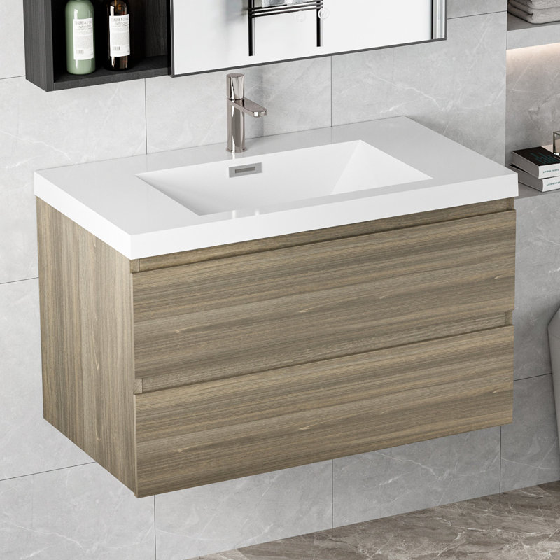 Meuble-lavabo mural simple 35,5 po Carol-Ann, Gris cendre, Blanc