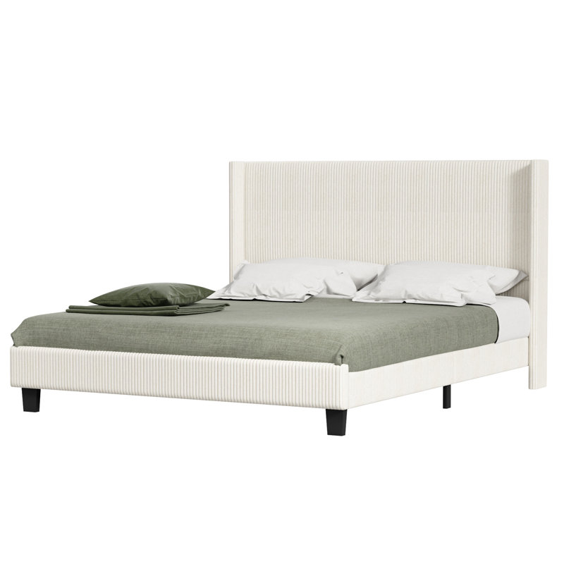 Schauer Corduroy Upholstered Wingback Bed, Metal Frame , Plywood Slats, No Box Spring, Cream, Full / Double