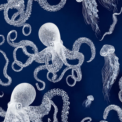 Peel and Stick Wallpaper Vintage Nautical Sea Octopus Jellyfish Deep Blue Octopus Contact Paper Removable Self Adhesive Wall Mural Wall Decor for Bedroom Kitchen Cabinets 24in x 118in