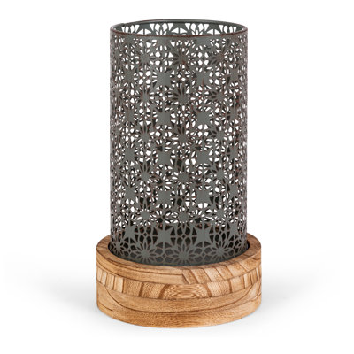 12.2 in H Metal Rustic Brown Cylinder Lantern with Wooden Base