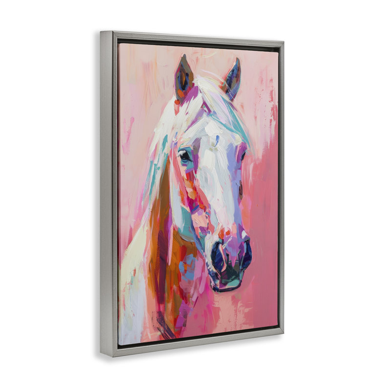 Visage de cheval sur toile flottante encadrée rose par Petal Prints Design, Cadre flottant gris lustré, H 25 po x l 17 po