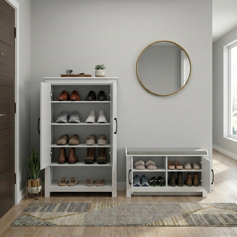 Limestone Entryway Shoe Bench And 2 Door Shoe Storage Cabinet Living Set, White