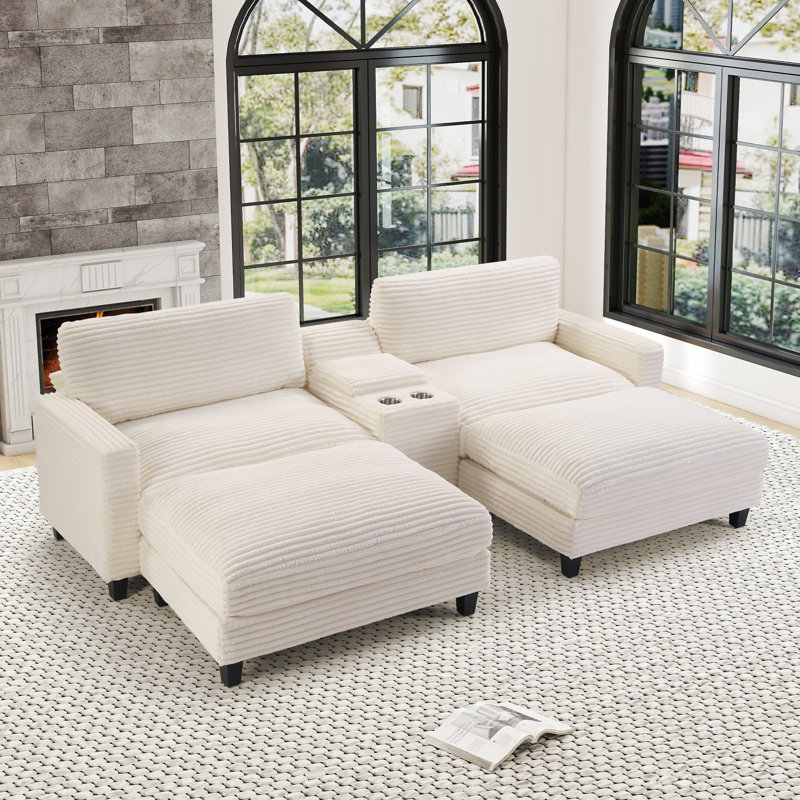 Causeuse modulaire rembourrée en velours côtelé avec repose-pieds, console centrale et porte-gobelets de 112,5 po de largeur